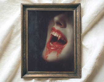 Impressão artística vintage de presas de vampiro, decoração gótica sombria para o Halloween (download digital)