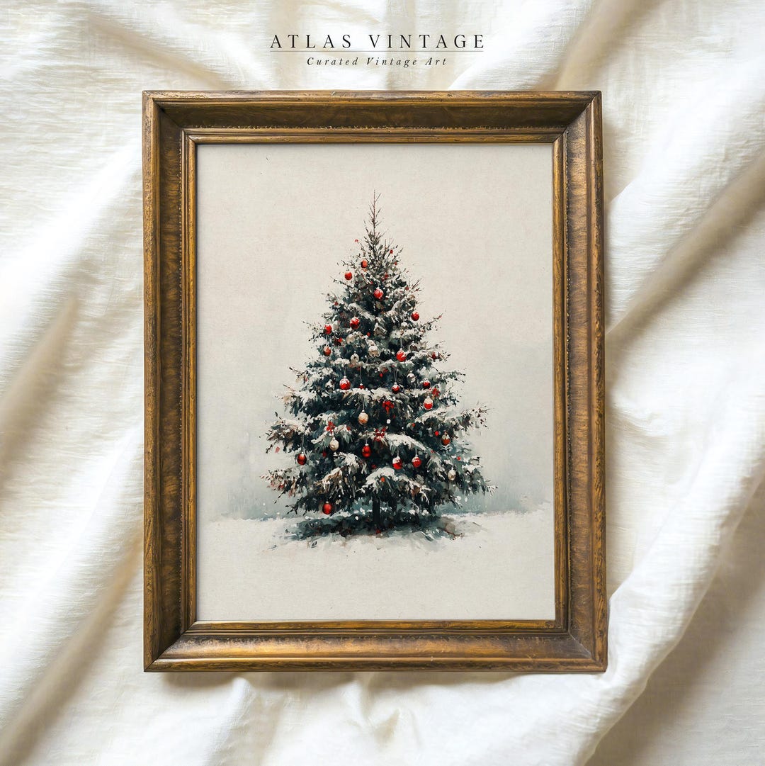Vintage Christmas Tree Print, Winter Evergreen Tree Painting, Neutral