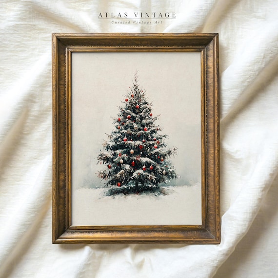 クリスマスツリーのヴィンテージアート ヴィンテージクリスマスツリープリント、冬の常緑樹の絵画