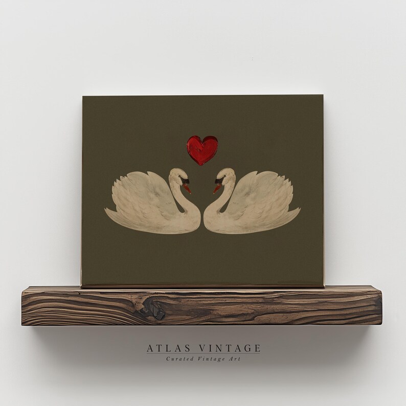 Vintage Swan Valentines Day Print, Love Swan Painting, Sage Green Valentine Decor, Romantic Printable Wall Art, Love Bird Digital Prints