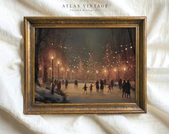 May include: A framed vintage print depicting an ice skating scene at night. The artwork features a gold-colored ornate frame. The scene shows people skating on ice, with trees and lights in the background. The text "ATLAS VINTAGE Curated Vintage Art" is at the top.
