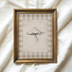 Vintage Fall Mushroom Line Drawing Print, Autumn Botanical Sketch Printable Wall Art, Neutral Kitchen Cottagecore Decor, Digital Download