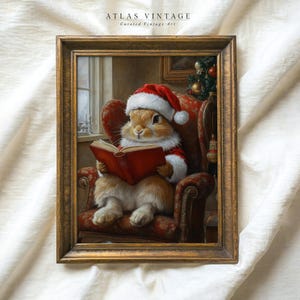 Vintage Christmas Bunny in Santa Hat Print, Rabbit Reading Book Painting Digital prints, Academia Xmas Printable Art, Winter Holiday Decor