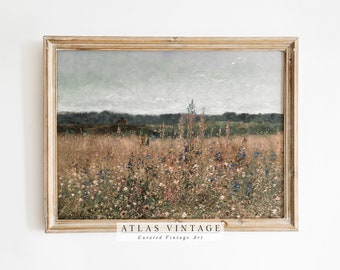 Stampa vintage di prato di fiori selvatici, pittura di paesaggio floreale antico, decorazioni primaverili di campagna francese, campo di fiori di fattoria, stampabile digitale