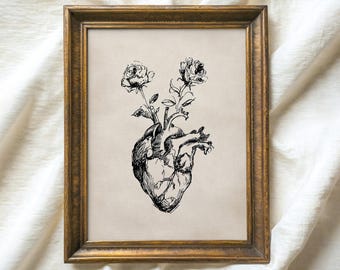 Valentine Floral Heart Sketch Print - Botanical Ink Drawing Wall Art (Digital Download)