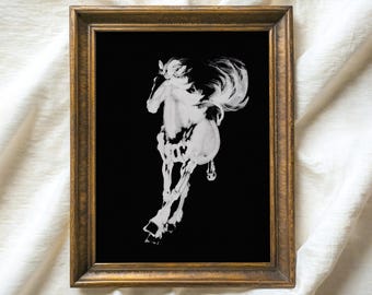 Vintage White Horse Painting Print, Dark Cottagecore Decor, Modern Equestrian Etching, Abstract Animal Drawing Printable, Digital Prints