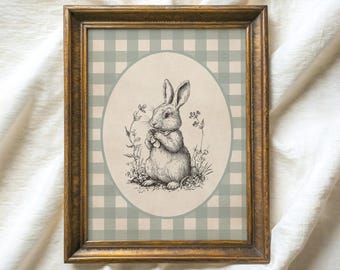 Vintage Easter Bunny Sketch Print, Rabbit Drawing Printable Wall Art, Neutral Woodland Nursery Decor, Gingham Digital Download