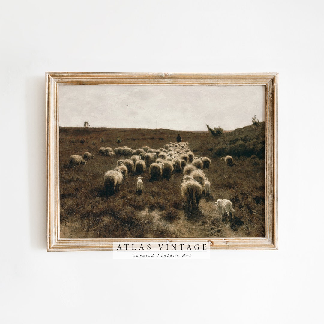 Antique Sheep Landscape Print: Vintage Farmhouse Wall Art (digital ...