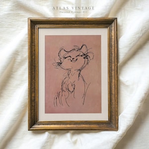Vintage Minimalist Cat Sketch Printable Wall Art, Feline Line Art Print, Abstract Pet Drawing Nursery Decor, Pink Animal Digital Download