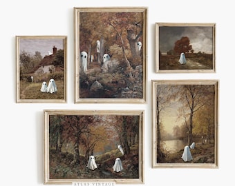 Cute Ghost Halloween Gallery Wall Set, Dark Spooky Wall Decor, Autumn Painting Printable Art, Set Of 5 Vintage Prints, Fall Digital Prints