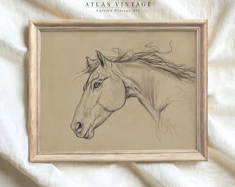 ヴィンテージ馬のエッチングプリント、乗馬スケッチ、農家風装飾（デジタルダウンロード）
