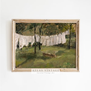 Vintage Laundry Room Decor, Antique Spring Landscape Painting, Laundry Cottagecore Decor, Digital Download