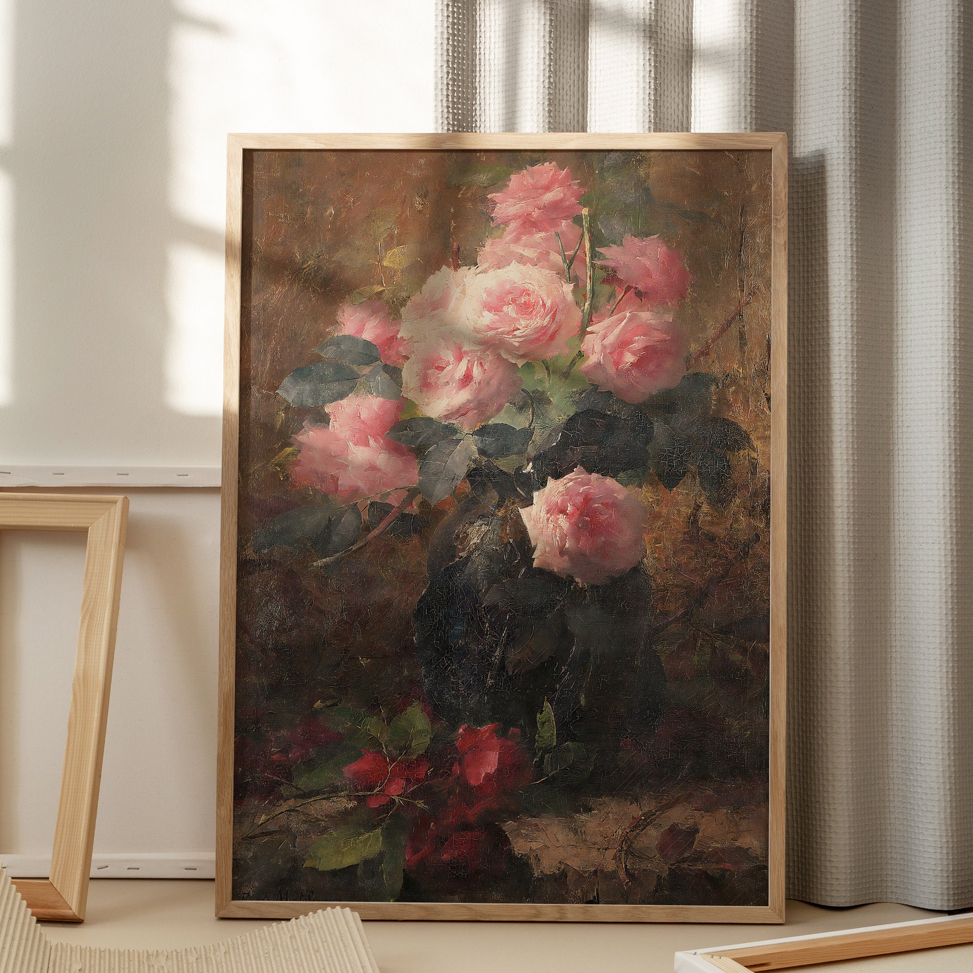 Vintage Pink Roses Painting – Floral Farmhouse Still Life (digital ...
