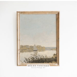 Impresión de velero vintage en el lago, decoración de verano en una casa del lago, descarga digital, arte de pared imprimible con temática náutica de granja, pintura de paisaje en tonos suaves