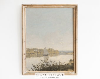 Vintage Sailboat Lake Print, Lake House Summer Decor, Digital Download, Farmhouse Nautical Printable Wall Art, Soft Tone Landscape Painting