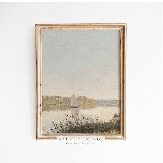 Vintage Sailboat Lake Painting, Nautical Farmhouse Wall Art (Digital Download)