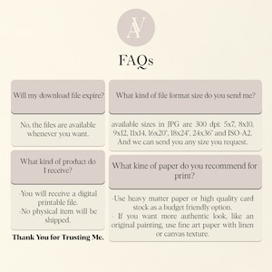 May include: A white background with a light gray circle containing the letter "A" in the center. The text "FAQs" is below the circle. The image contains four white boxes with black text. The first box says "Will my download file expire?" The second box says "What kind of file format size do you send me?" The third box says "What kind of product do I receive?" The fourth box says "What kind of paper do you recommend for print?"