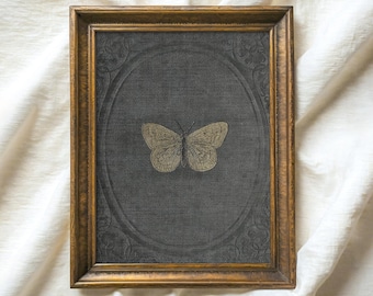 May include: A framed vintage artwork featuring a gold butterfly on a dark gray textured background. The frame is a dark brown wood with a gold trim.