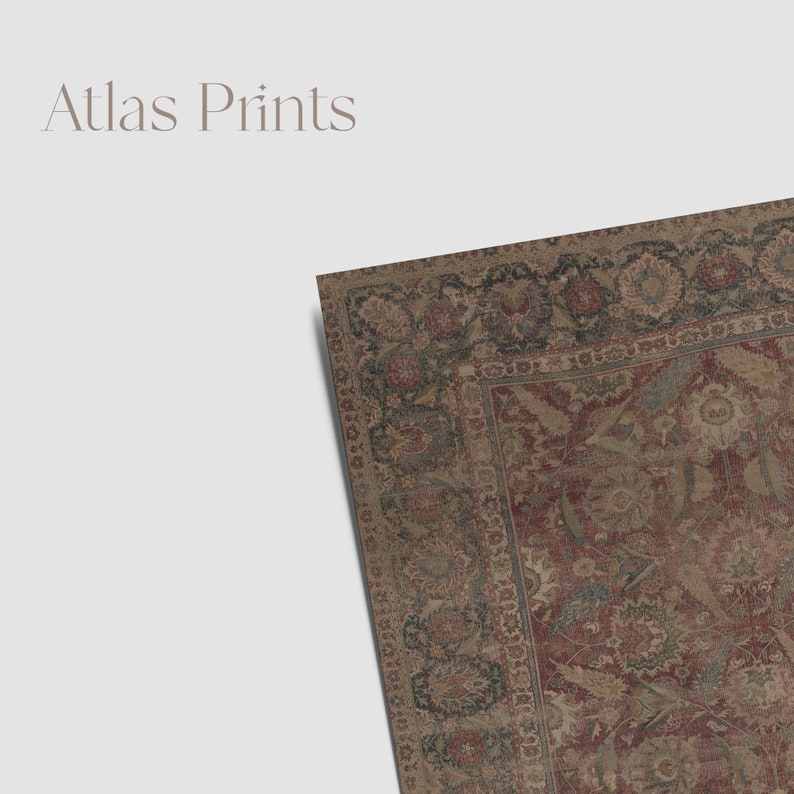 May include: A vintage-style rug with a detailed floral pattern in shades of brown, red, and blue. The rug has a border with a repeating pattern of leaves and flowers.