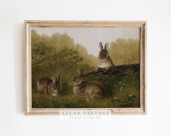 Impresión de conejo vintage, pintura antigua de conejo de Pascua, decoración rústica de casa de campo, arte mural imprimible de estilo francés, descarga digital