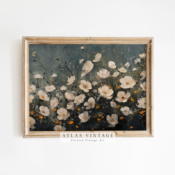 Navy Floral Landscape Vintage Print, Dark Botanical Painting, Rustic Spring Wildflower Decor Digital, Cottagecore Printable Wall Art