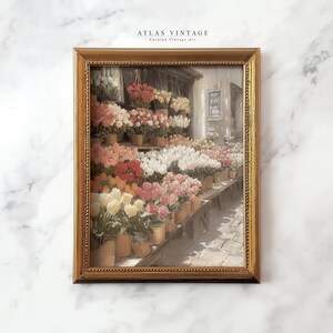 Parisian market painting in watercolor with floral arrangements