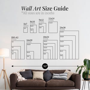 May include: A chart showing different sizes of wall art prints in inches. The chart includes standard sizes like 5x7, 8x10, 9x12, 11x14, 16x20, 18x24, and 24x36. The chart also includes ISO-A2, A3, A4, and A5 sizes. The chart is labeled "Wall Art Size Guide" and "All sizes are in inches".