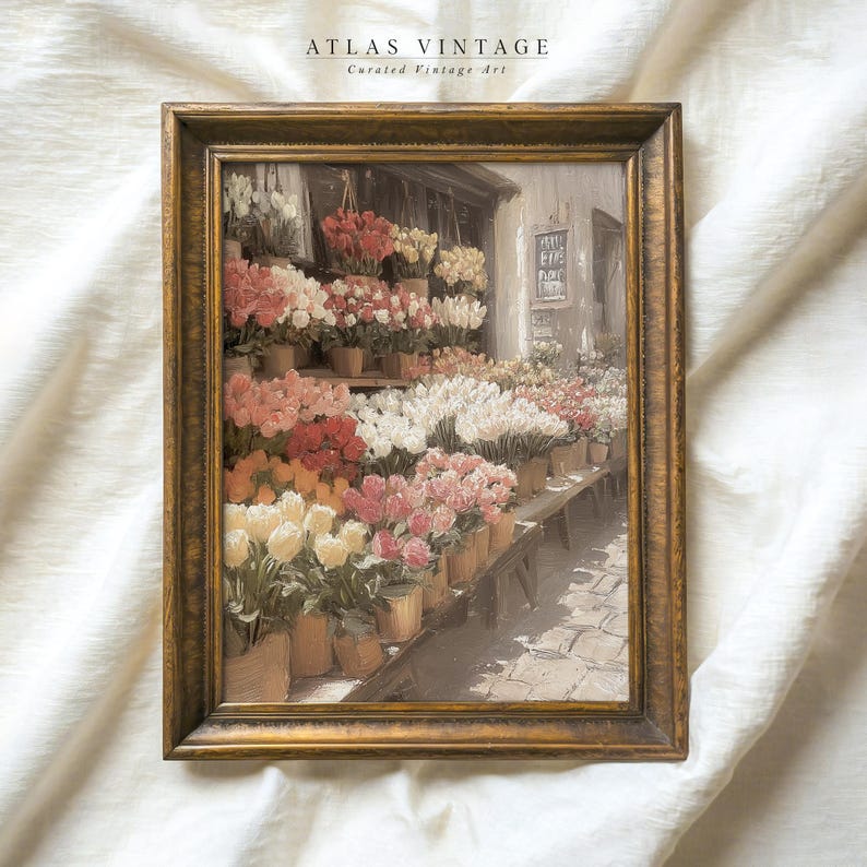 Vintage French flower stall illustration with pastel blooms