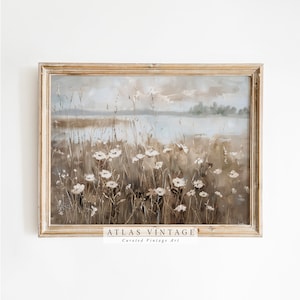 Vintage Wildflower Field Landscape Painting, Rustic Farmhouse Wall Art (Digital Download)