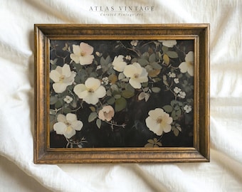 Impresión floral vintage de rosas blancas, arte mural botánico oscuro (descarga digital)