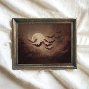 Vintage Flying Bats Painting Halloween Print, Full Moon Gothic Fall Forest Printable Wall Art, Spooky Dark Academia Decor, Digital Download