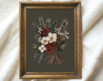Pode incluir: Uma impressão emoldurada de uma ilustração botânica com um buquê de flores brancas e bagas vermelhas sobre um fundo verde escuro. O texto "ATLAS VINTAGE Curated Vintage Art" está no topo da impressão.
