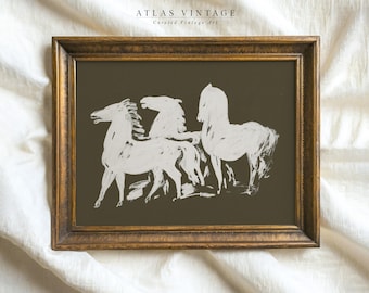 Vintage White Horses Etching Print: Sage Green Equestrian Art (Digital Prints)