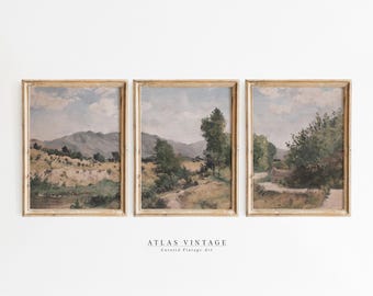 Set Of 3 Vintage Summer Landscape Prints, Rustic Countryside Triptych Printable Wall Art, Farmhouse 3 Piece Wall Art Painting Decor Digital