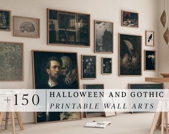 Puede incluir: Una colección de arte mural enmarcado con temática de Halloween y gótica. Las imágenes incluyen calaveras, retratos y paisajes oscuros. Los marcos son de color marrón claro. El texto en la imagen dice "+150 Halloween and Gothic Printable Wall Arts."