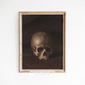 May include: A framed vintage painting of a human skull in a dark brown setting. The skull is white and has a detailed texture. The painting is framed in a light wood frame with a gold trim. The text "ATLAS VINTAGE Curated Vintage Art" is at the bottom of the frame.