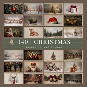 May include: A selection of framed Christmas art prints, showcasing festive scenes such as snowy landscapes, Father Christmas, and holiday decorations. The text "140+ CHRISTMAS FRAME TV ART BUNDLE" is visible.