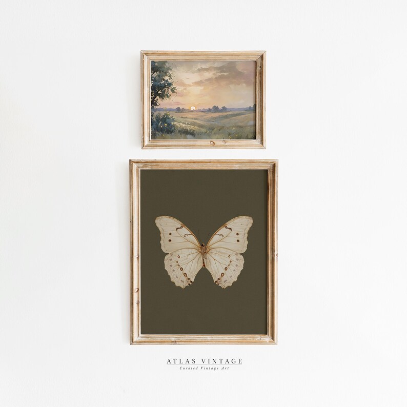 Vintage Set of 2 Sage Green Prints, Moody Gallery Wall Set, Antique Butterfly Painting Decor, Muted Sunset Landscape Printable Digital Print