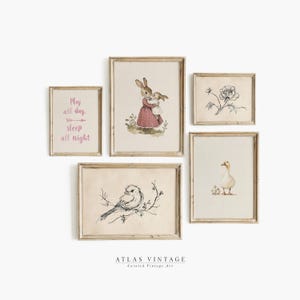 Vintage Nursery Set Of 5 Prints, Girl's Room Gallery Wall Set, Baby Animal Farmhouse Decor, Bunny Duckling & Bird Painting Digital Download