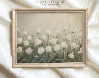 Impresión vintage de tulipanes blancos, arte botánico neutro (descarga digital)