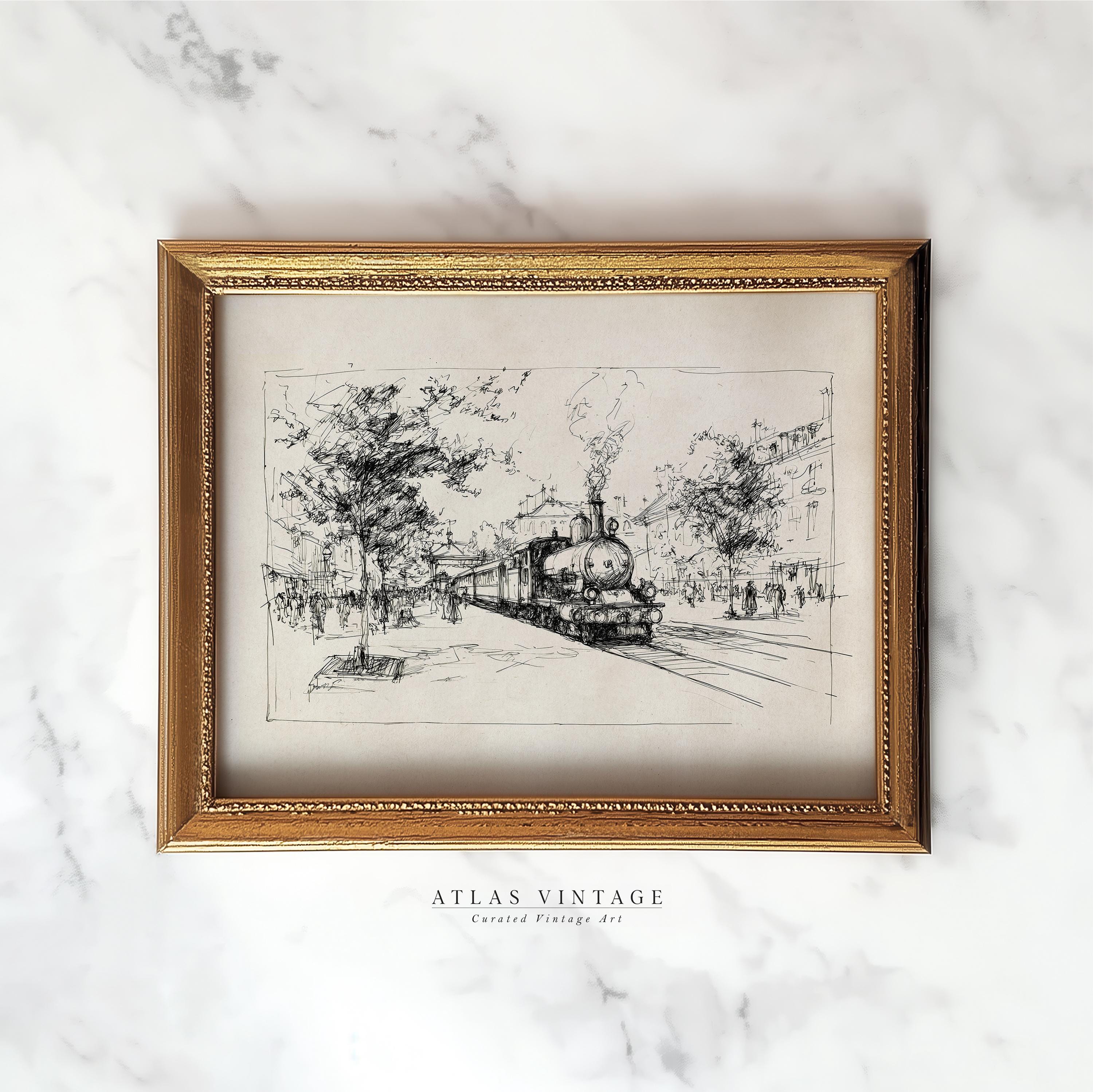 Fall Train Sketch Art Print | Vintage Autumn Steam Engine Drawing ...