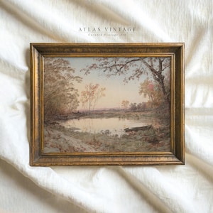 Vintage herfstvijverlandschap muurkunst | Gedempte herfstlandschapsschilderij | Neutraal Frans landelijk decor afdrukbaar | Digitale download