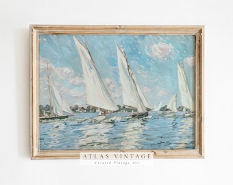 Vintage Sailboat Seascape Print, Coastal Nautical Art (Digital Download)