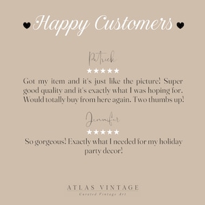 Puede incluir: Un fondo marr&oacute;n claro con el texto "Happy Customers" en blanco. Se muestran dos rese&ntilde;as de clientes con los nombres "Patrick" y "Jennifer" y cinco estrellas cada una. El texto de las rese&ntilde;as es: "Got my item and it's just like the picture! Super good quality and it's exactly what I was hoping for. Would totally buy from here again. Two thumbs up!" y "So gorgeous! Exactly what I needed for my holiday party decor!" El texto "ATLAS VINTAGE Curated Vintage Art" est&aacute; en la parte inferior de la imagen.