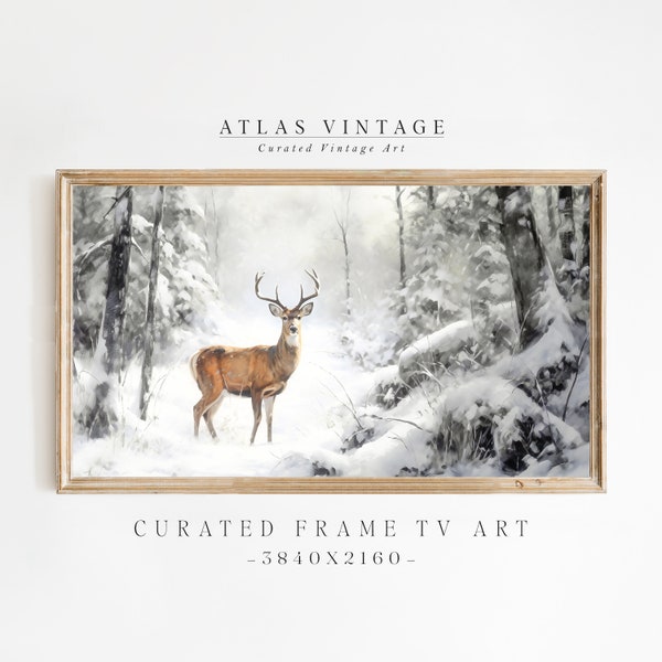 Vintage Deer Samsung Frame TV Art, Snowy Landscape Christmas Art for TV, Country Farmhouse Décor, Snowy Forest Frame Tv, Digital Download