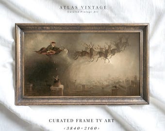 Puede incluir: Una pintura vintage enmarcada representa a Papá Noel en un trineo tirado por renos sobre una ciudad. La obra de arte tiene una paleta de colores apagados con el texto "ATLAS VINTAGE Curated Vintage Art" y "CURATED FRAME TV ART <3840x2160>" en la imagen.