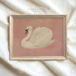 Elegant antique swan painting with soft pink and beige hues.