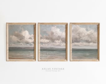Tríptico costero vintage: pintura de paisaje marino de verano (descarga digital)