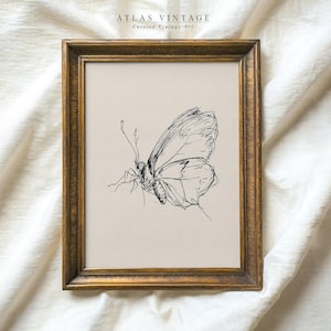 Vintage Butterfly Sketch Print, Botanical Insect Drawing Printable Wall Art, Boho Rustic Minimalist Decor, Digital Download
