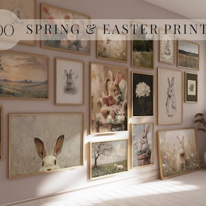 Peut inclure: Une galerie murale de 100 estampes sur le thème du printemps et de Pâques. Les estampes sont encadrées dans du bois naturel et présentent une variété de sujets, notamment des lapins, des fleurs et des paysages.